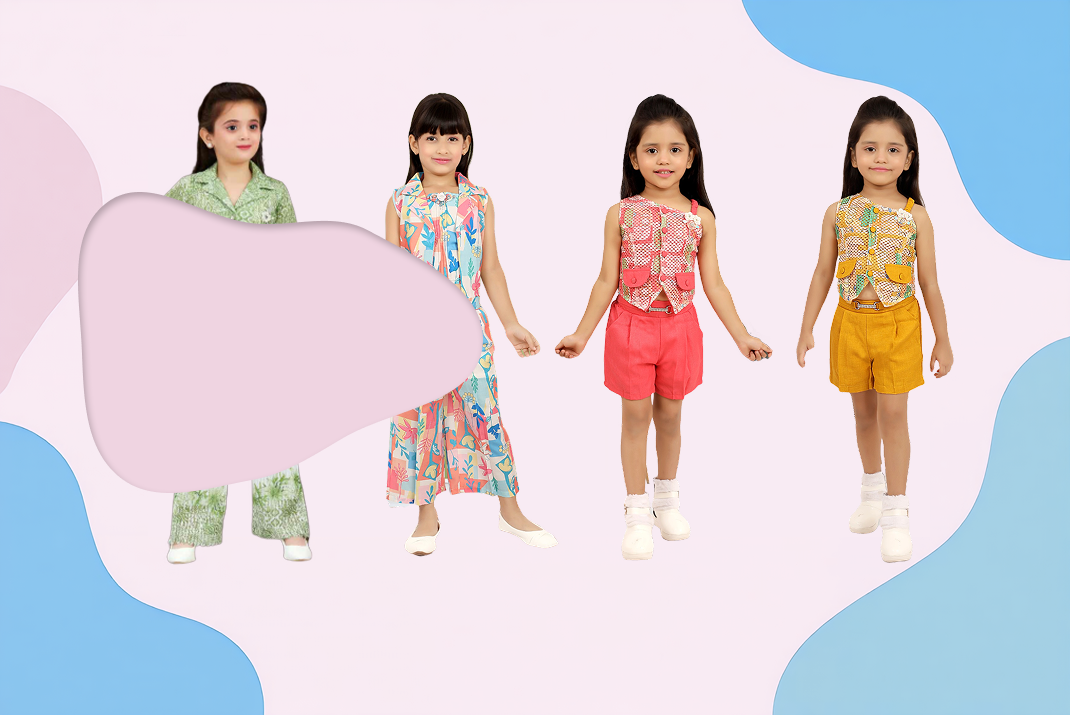 Four children wearing colorful outfits on a pastel background