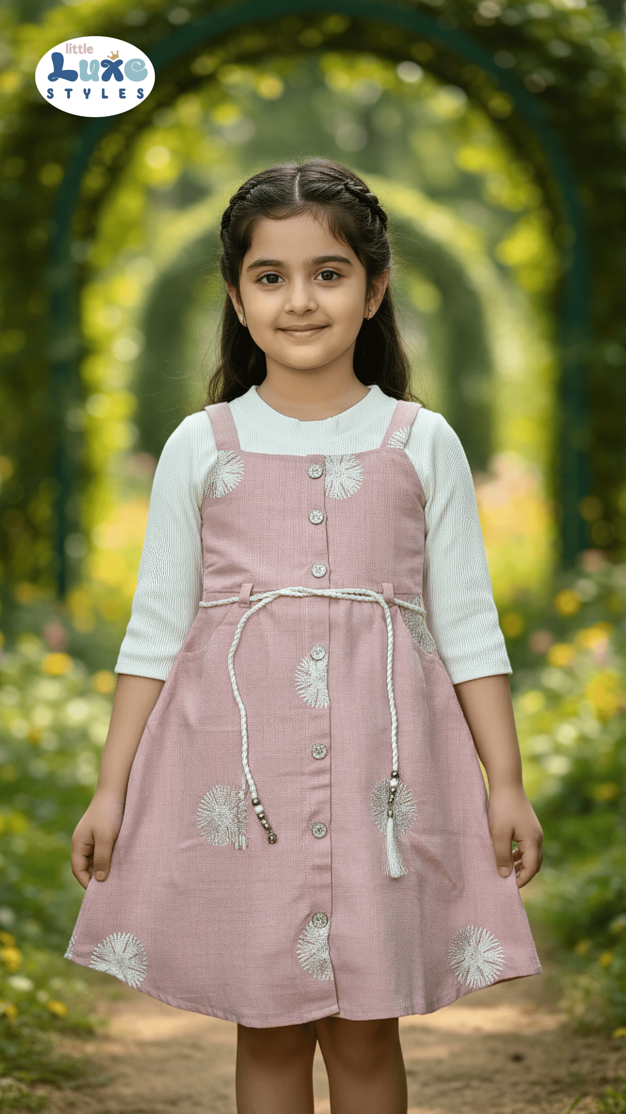 Adorable Pink Floral Button - Down Frock for Girls | Little Luxe Styles - Little Luxe Styles | Premium Kidswear India