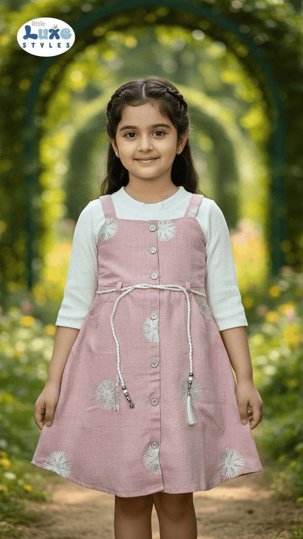 Adorable Pink Floral Button - Down Frock for Girls | Little Luxe Styles - Little Luxe Styles | Premium Kidswear India