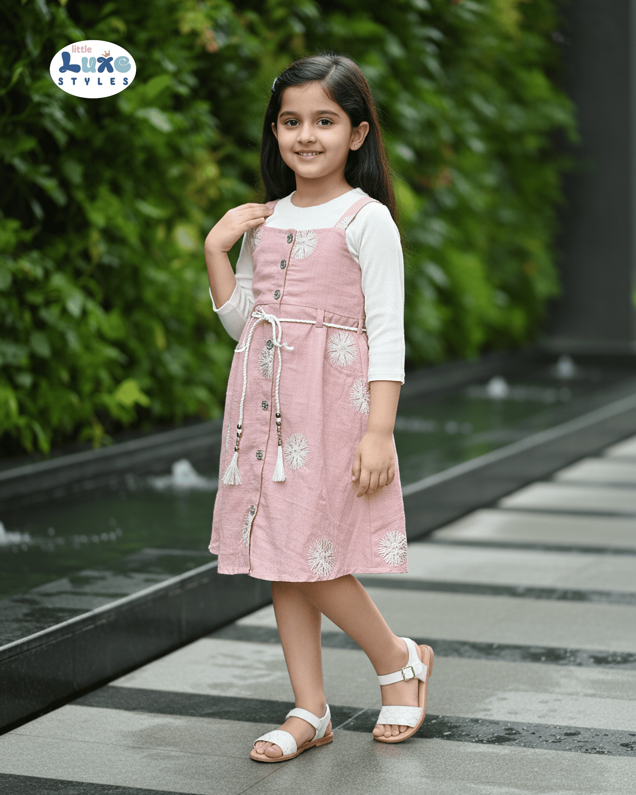 Adorable Pink Floral Button - Down Frock for Girls | Little Luxe Styles - Little Luxe Styles | Premium Kidswear India