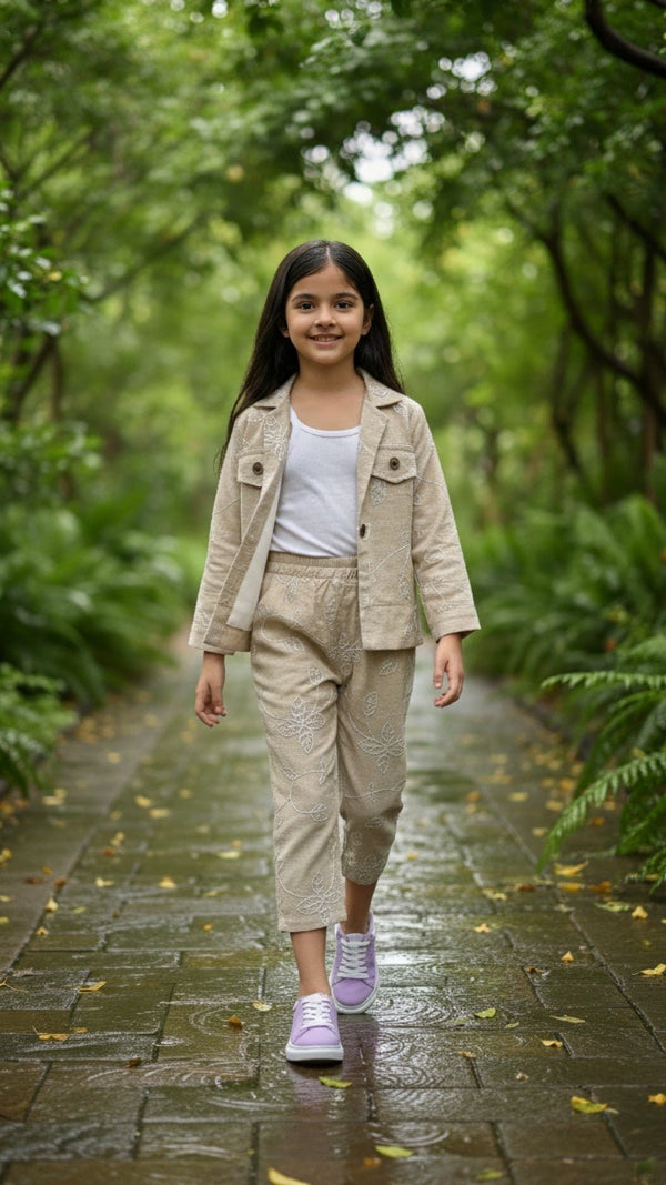 Casual Beige Shacket & Straight Pant Set for Girls | Little Luxe Styles - Little Luxe Styles | Premium Kidswear India