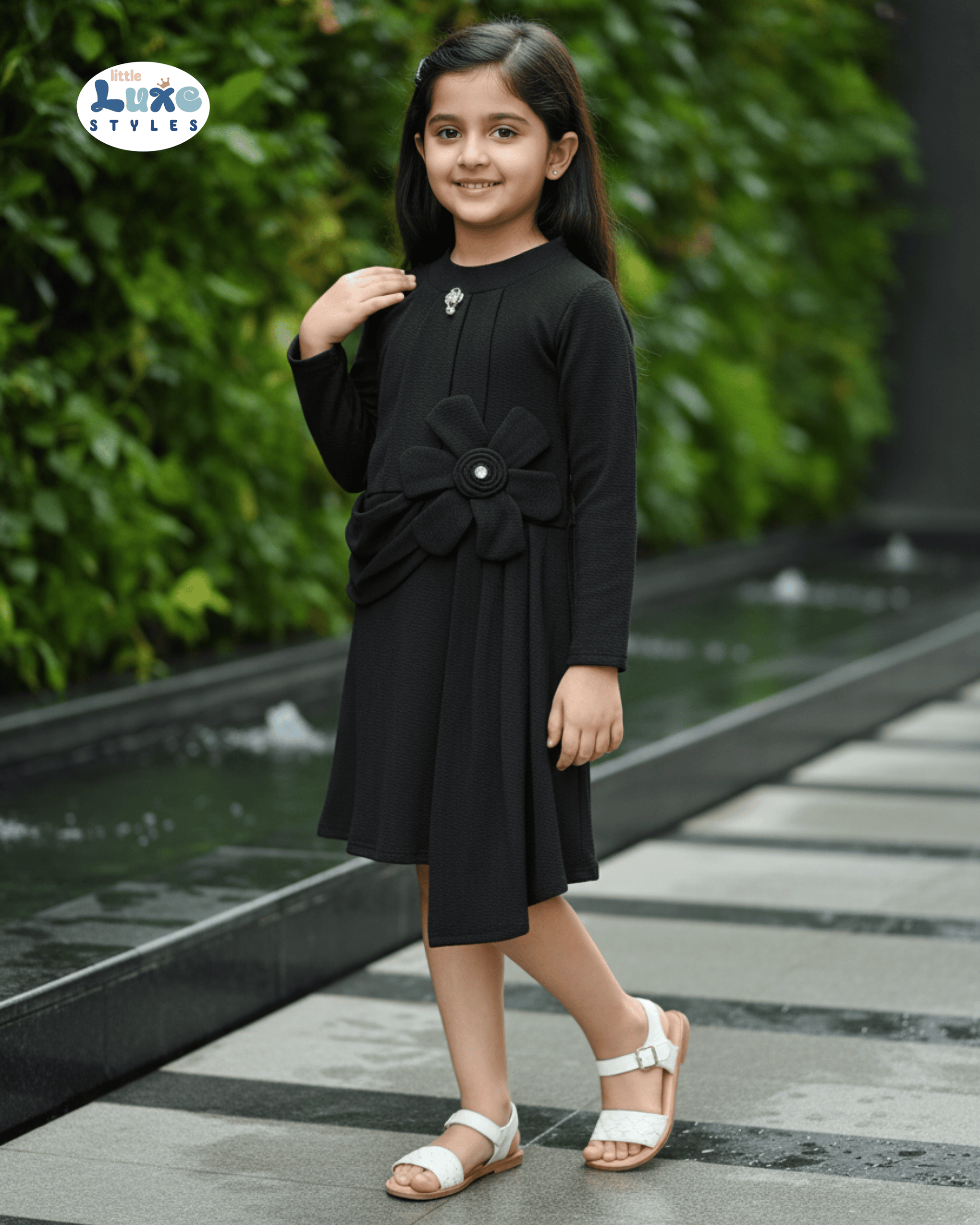 Elegant Black Floral Bow Long - Sleeve Asymmetrical Dress for Girls