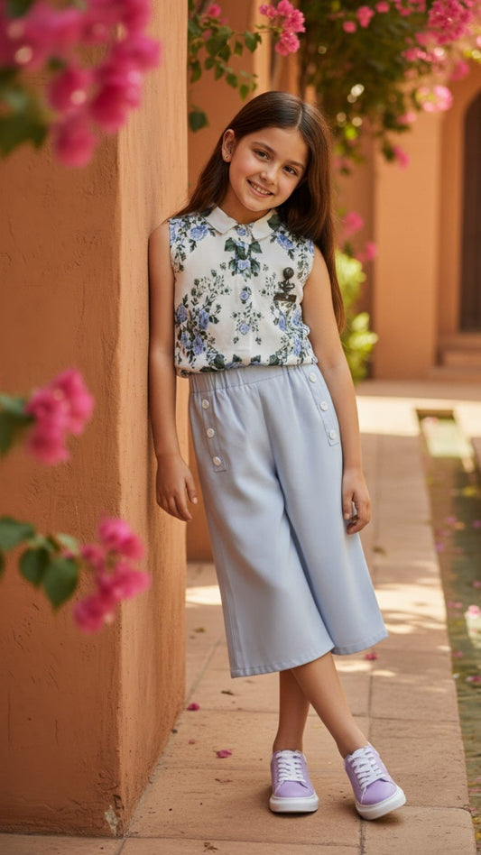 Elegant Blue Floral Sleeveless Top & Wide - Leg Palazzo Set for Girls | Little Luxe Styles - Little Luxe Styles