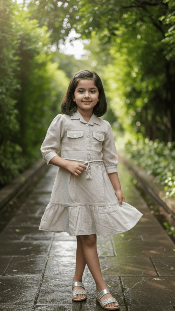 Elegant Khaki Linen Button - Down Belted Frock for Girls | Little Luxe Styles - Little Luxe Styles | Premium Kidswear India