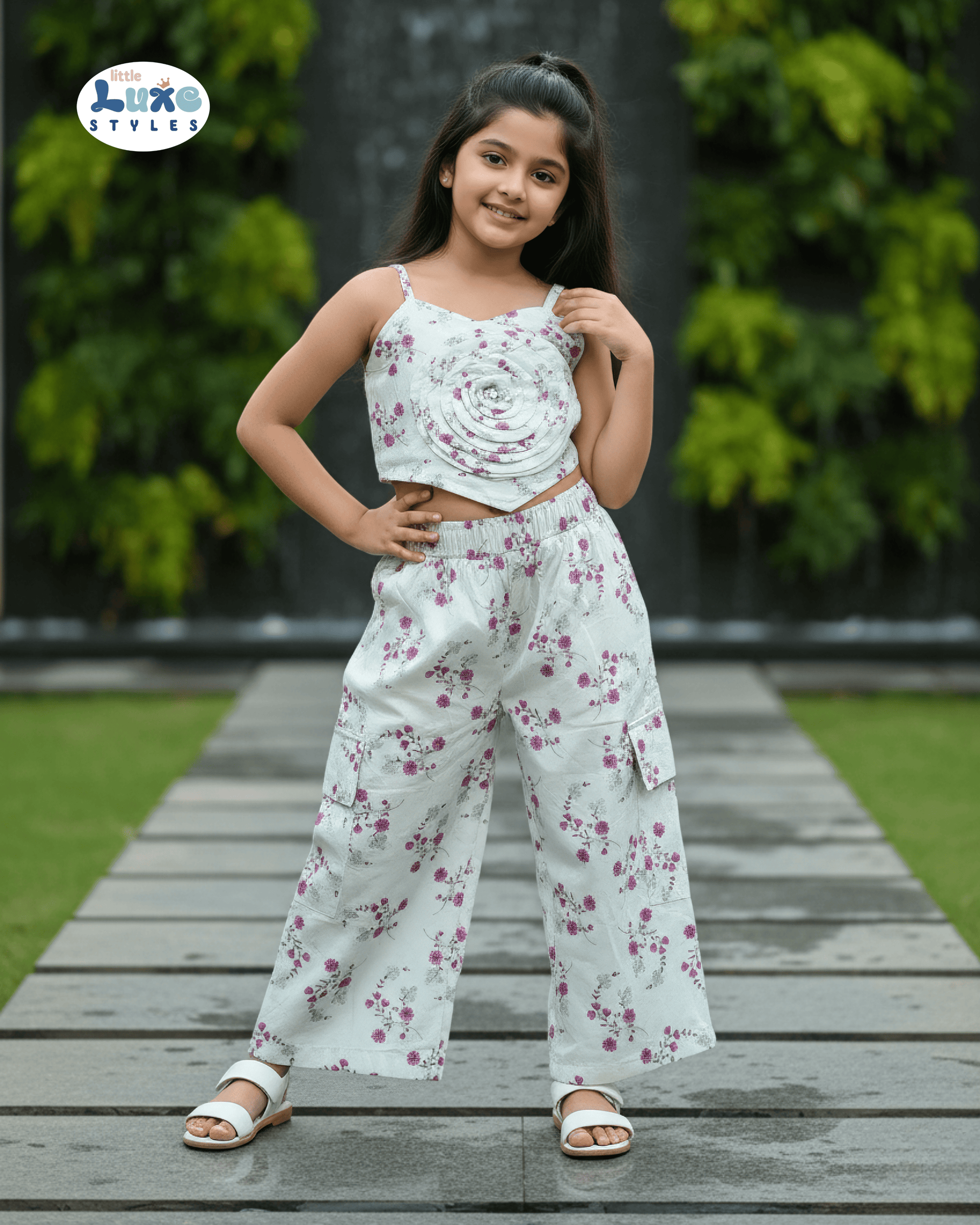 Fashionable White Floral Crop Top and Palazzo Pants Set for Girls | Little Luxe Styles