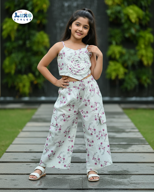 Fashionable White Floral Crop Top and Palazzo Pants Set for Girls | Little Luxe Styles