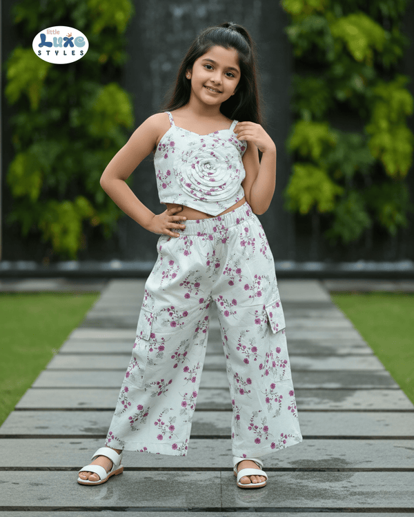 Fashionable White Floral Crop Top and Palazzo Pants Set for Girls | Little Luxe Styles - Little Luxe Styles