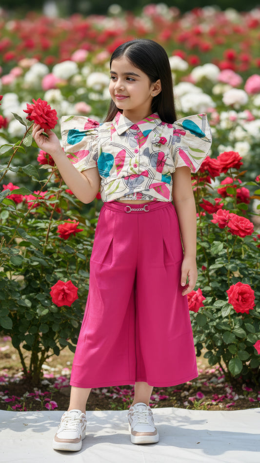 Kids Floral Shirt with Pink Palazzo Set | Little Luxe Styles - Little Luxe Styles | Premium Kidswear India