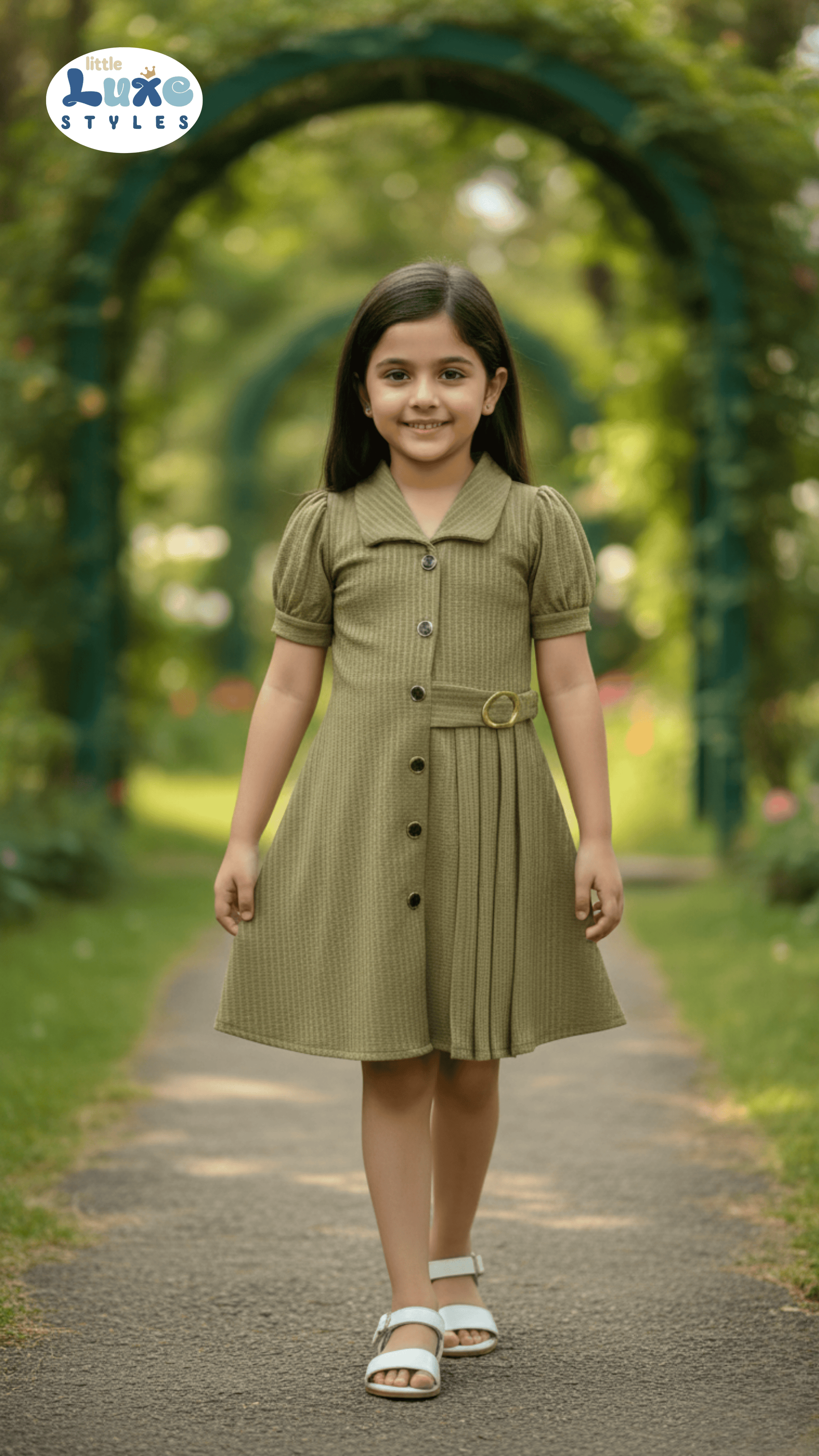 Stylish Olive Green Pleated Button - Down Frock for Girls | Little Luxe Styles - Little Luxe Styles | Premium Kidswear India