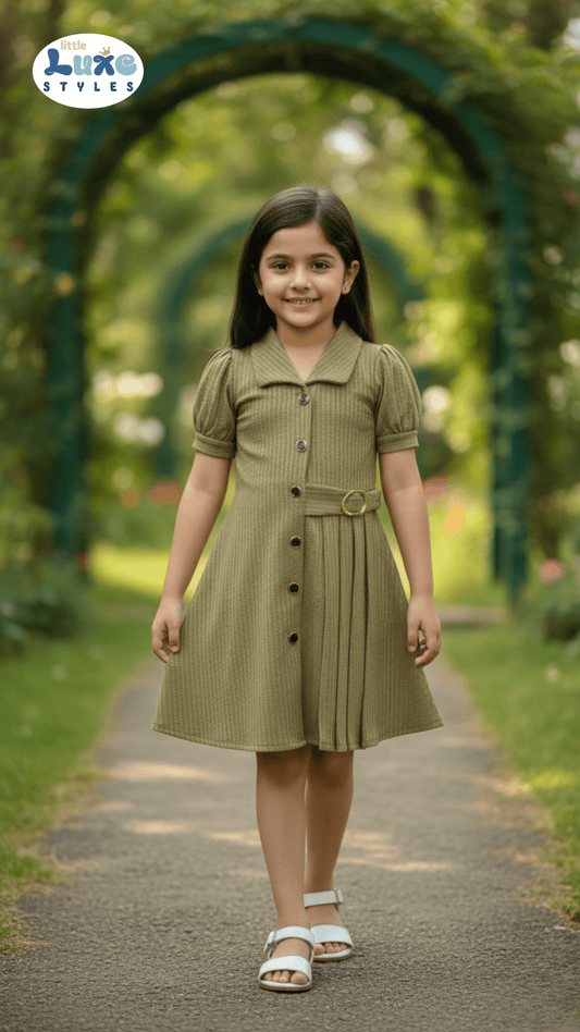 Stylish Olive Green Pleated Button-Down Frock for Girls | Little Luxe Styles