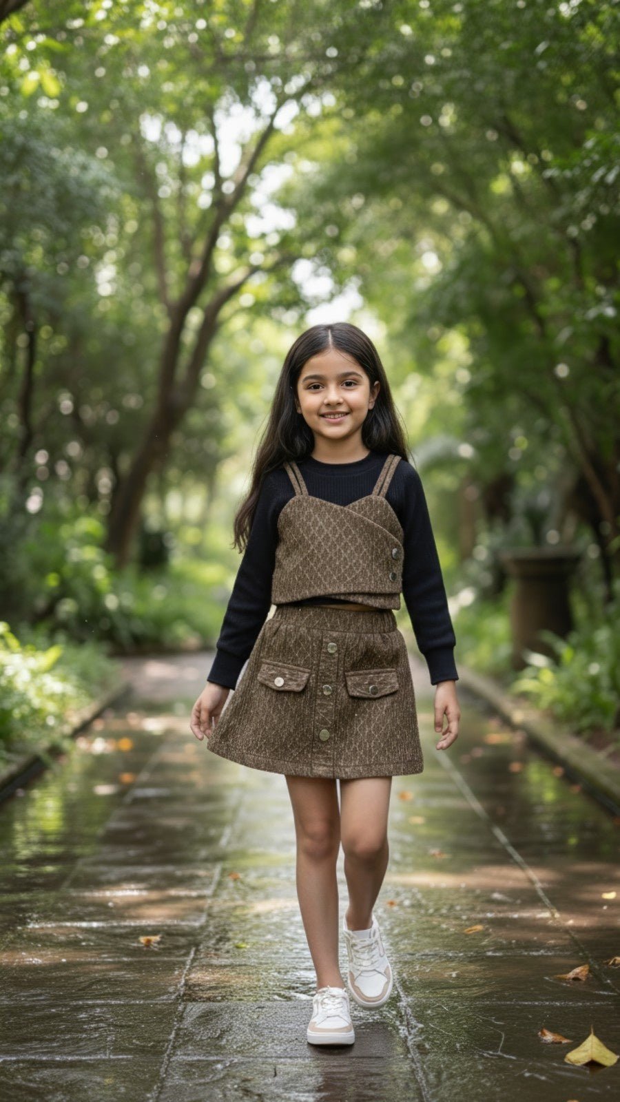 Stylish Olive Pinafore Skirt & Navy Long - Sleeve Top Set for Girls | Little Luxe Styles - Little Luxe Styles