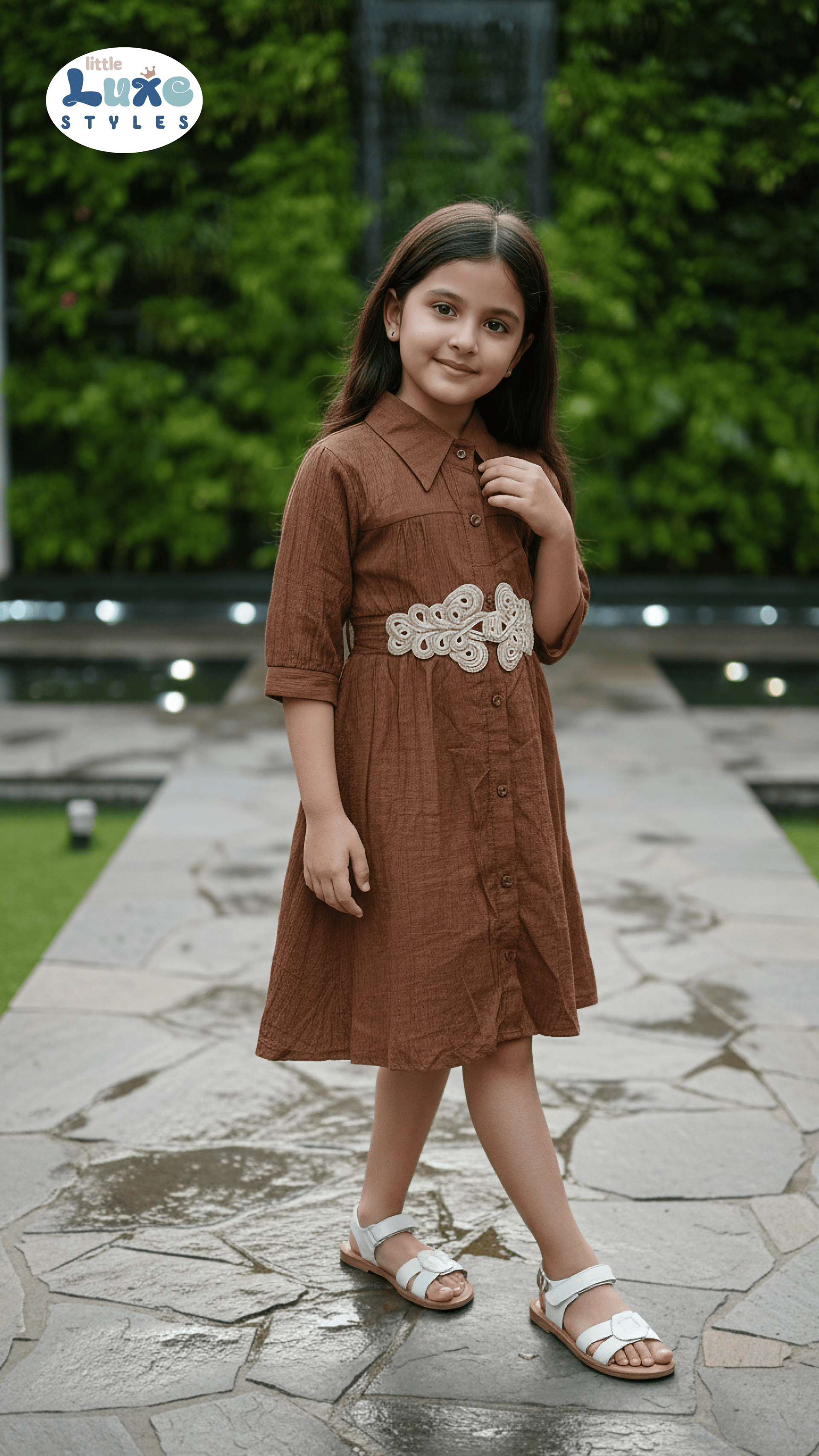 Trendy Brown Embroidered Belt Button - Down Frock for Girls | Little Luxe Styles - Little Luxe Styles | Premium Kidswear India