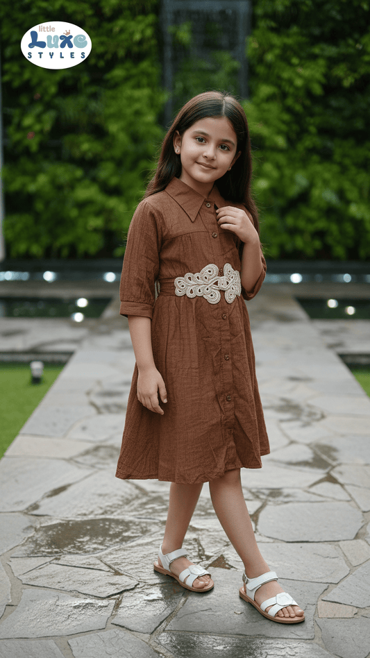 Trendy Brown Embroidered Belt Button-Down Frock for Girls | Little Luxe Styles