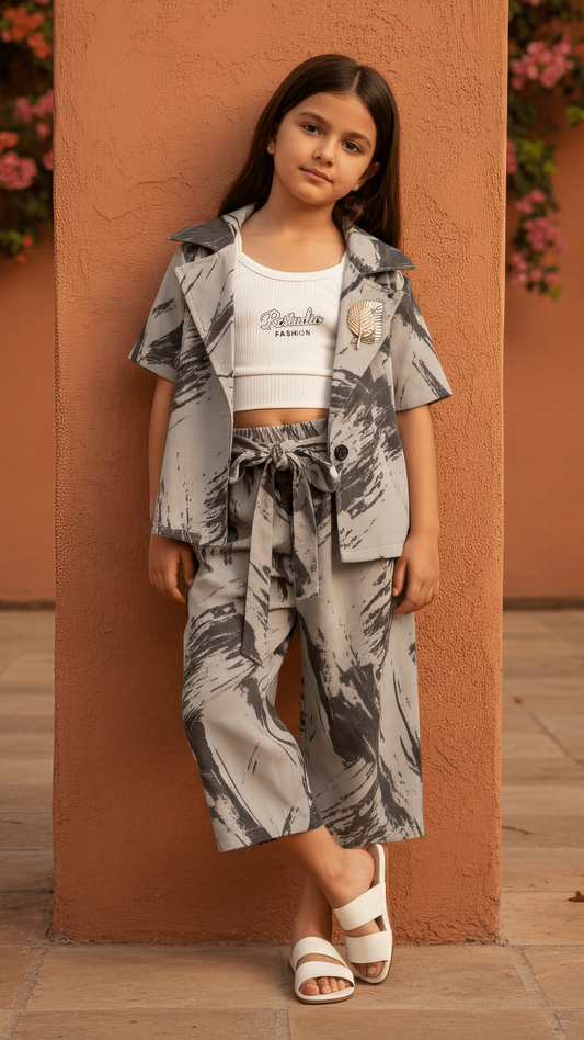 Trendy Grey Tie - Waist Blazer & Palazzo Set for Girls | Little Luxe Styles - Little Luxe Styles | Premium Kidswear India