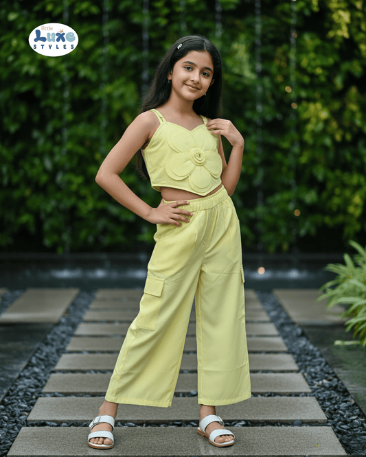 Vibrant Yellow Floral Crop Top and Palazzo Set for Girls | Little Luxe Styles